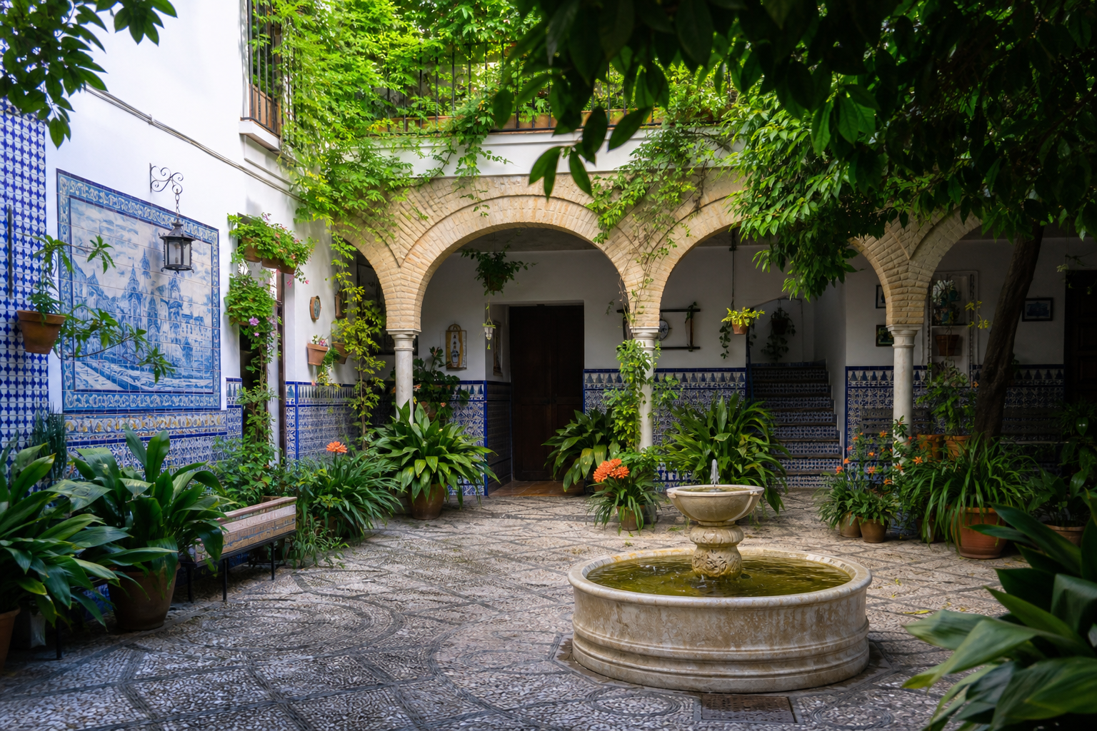 Patio amplio con fuente y plantas en Córdoba