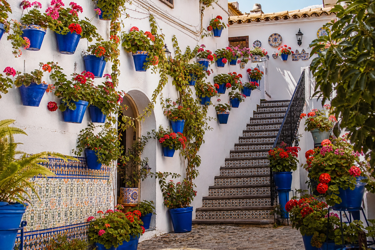 Patio cordobés con geranios rojos en macetas de cerámica azul